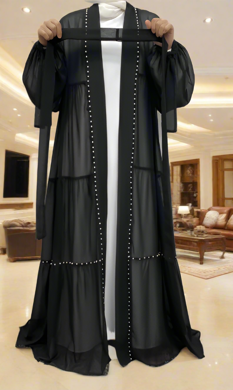Pearl Embroidered Layered Chiffon Open Abaya Dresses(Multi Colors)