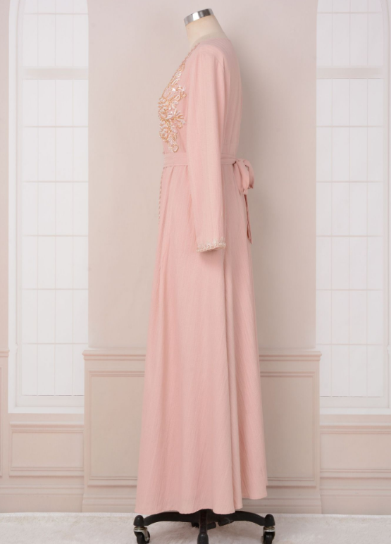 Dubai Style Pink Beaded Lace Embroidered Abaya Dress