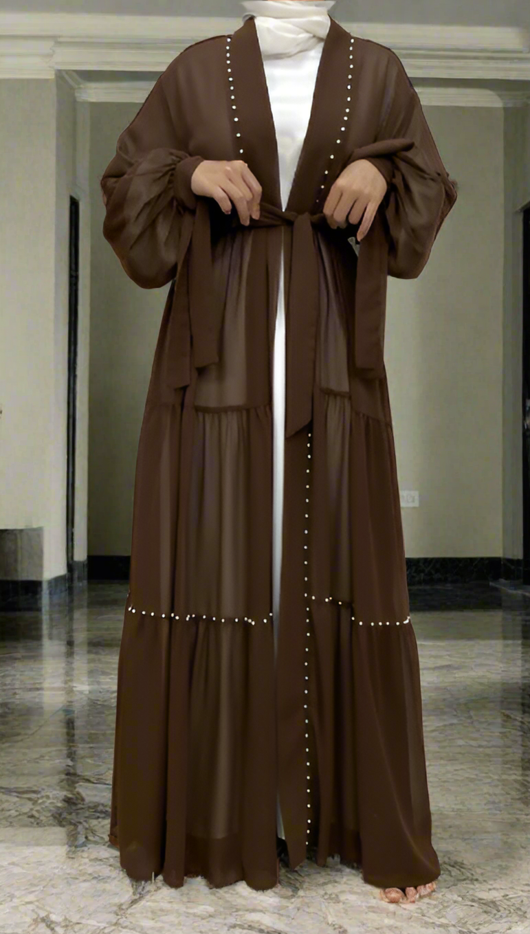 Pearl Embroidered Layered Chiffon Open Abaya Dresses(Multi Colors)