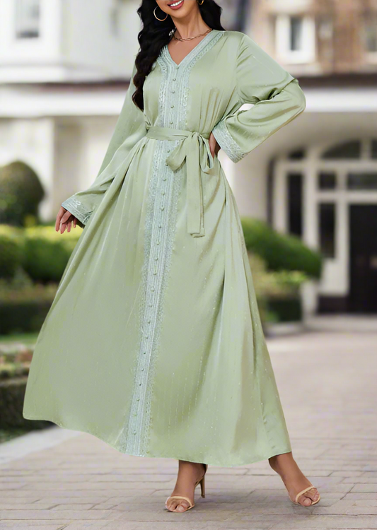Dubai Style Diamond V-neck Caftan Abaya Dress(Multi Colors)