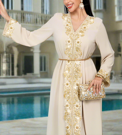 Dubai Style Golden Lace Pearl Embroidery Caftan Abaya Dress