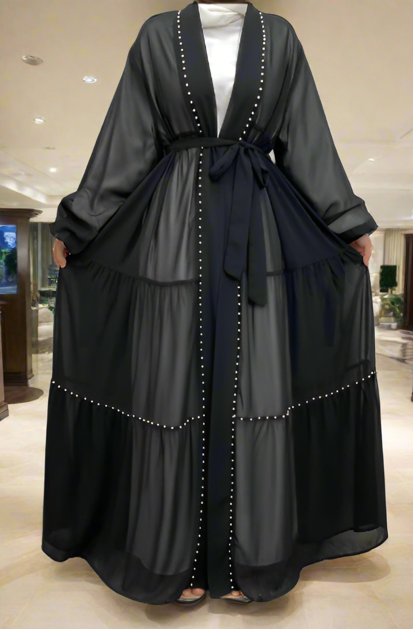 Pearl Embroidered Layered Chiffon Open Abaya Dresses(Multi Colors)
