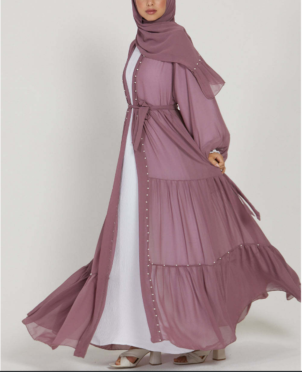 Pearl Embroidered Layered Chiffon Open Abaya Dresses(Multi Colors)