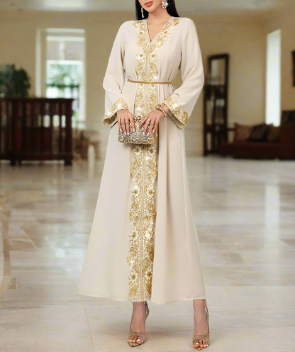 Dubai Style Golden Lace Pearl Embroidery Caftan Abaya Dress