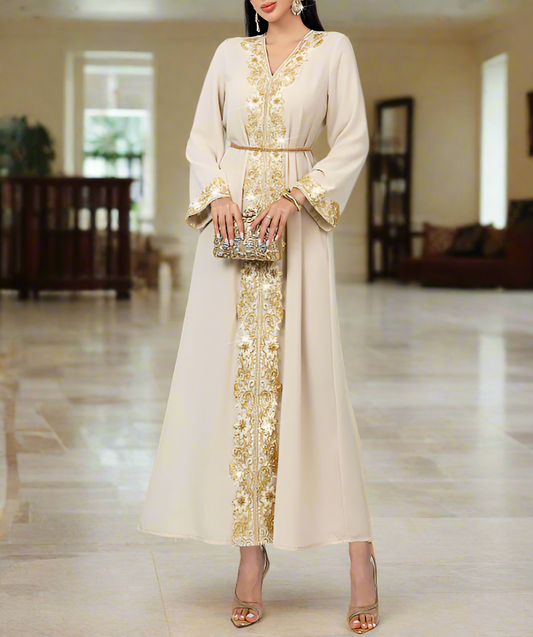Dubai Style Golden Lace Pearl Embroidery Caftan Abaya Dress