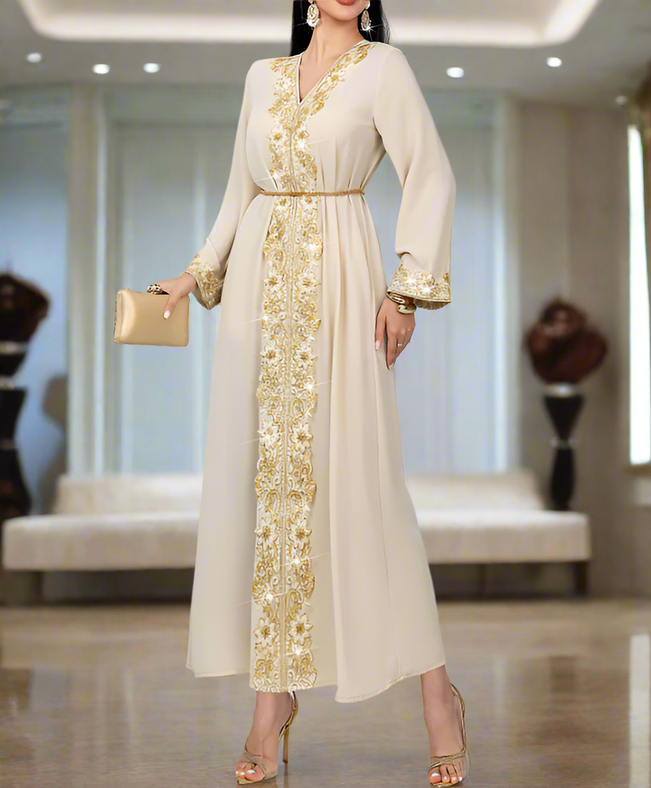 Dubai Style Golden Lace Pearl Embroidery Caftan Abaya Dress
