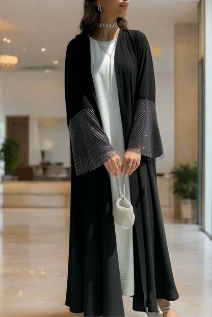 New Dubai Style Exclusive Super Black Nida Diamond Net Open Abaya Kimono