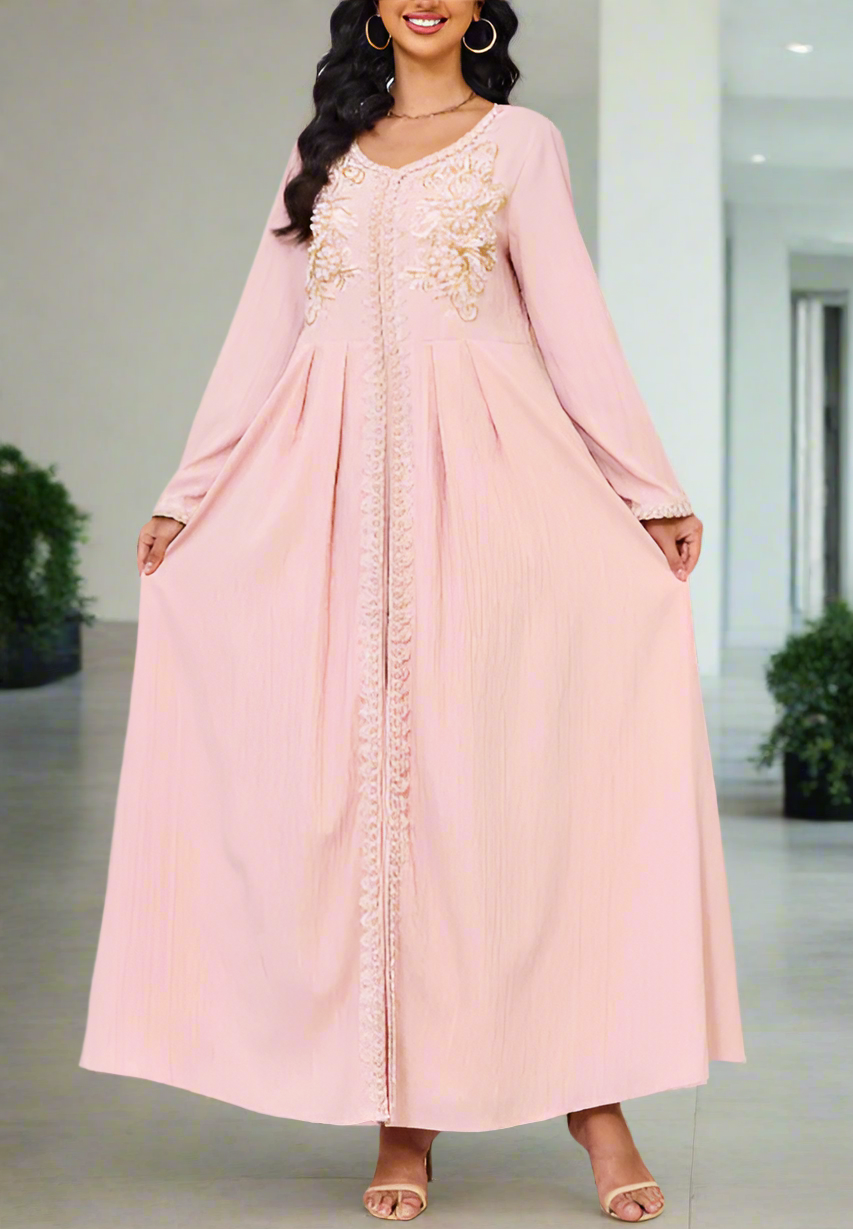 Dubai Style Pink Beaded Lace Embroidered Abaya Dress