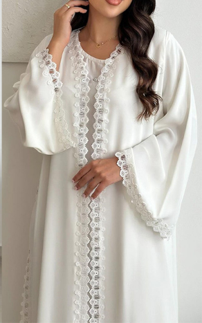 Dubai Style White Long Lace Trim Open Abaya Kimono