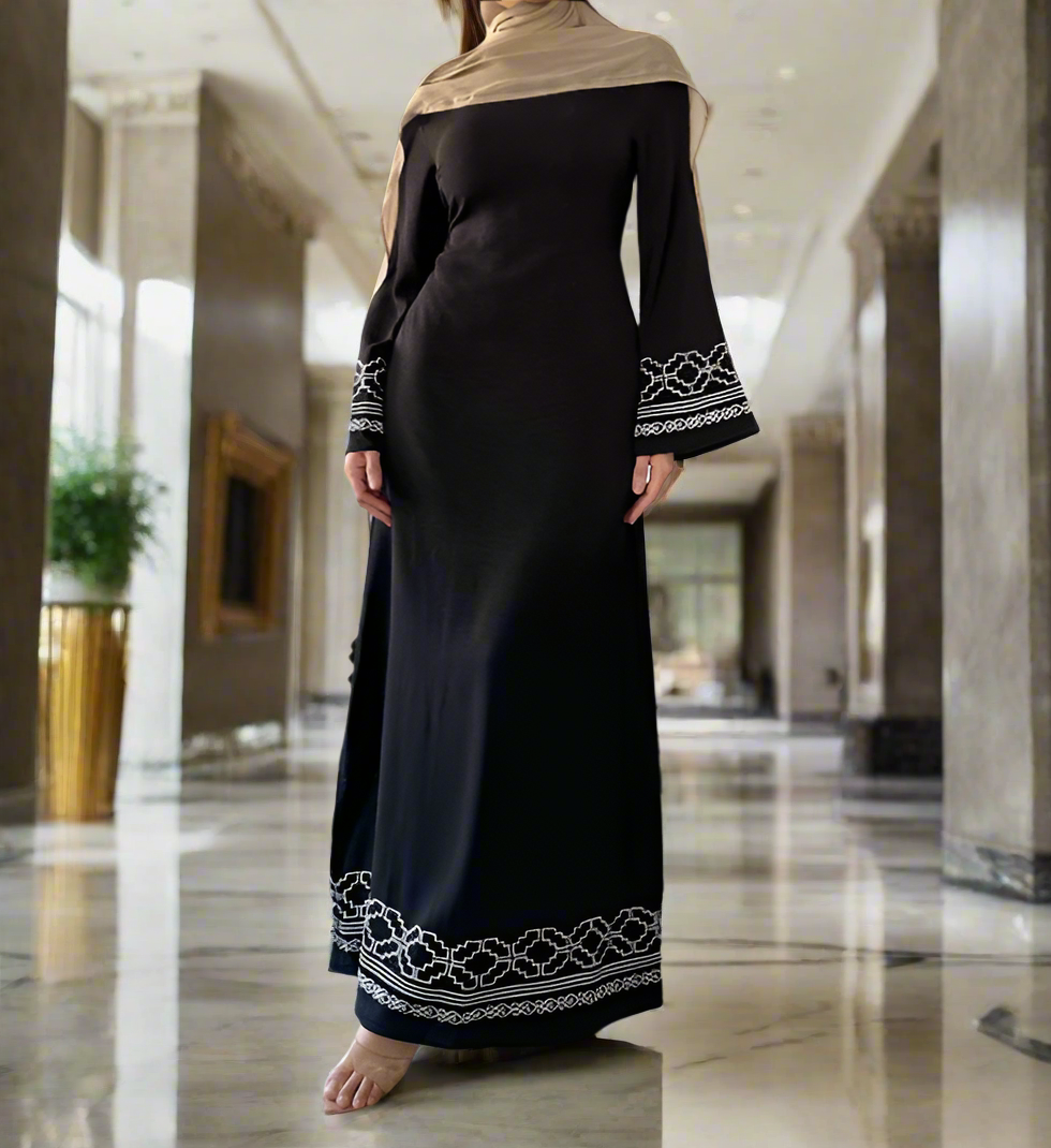 Turkish Style Embroidered Crepe Dresses with Flared Sleeves(Multi Colors)