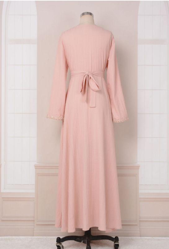 Dubai Style Pink Beaded Lace Embroidered Abaya Dress