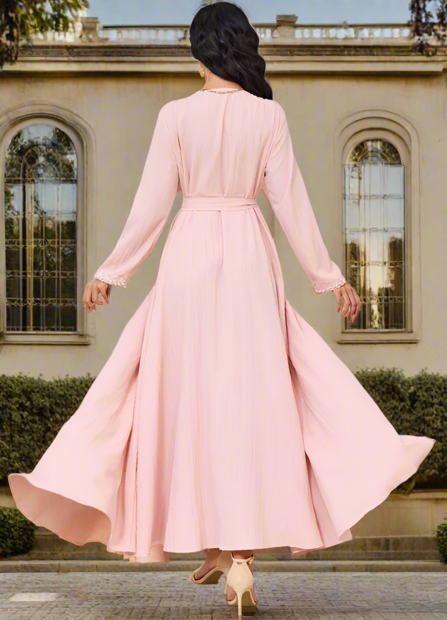 Dubai Style Pink Beaded Lace Embroidered Abaya Dress