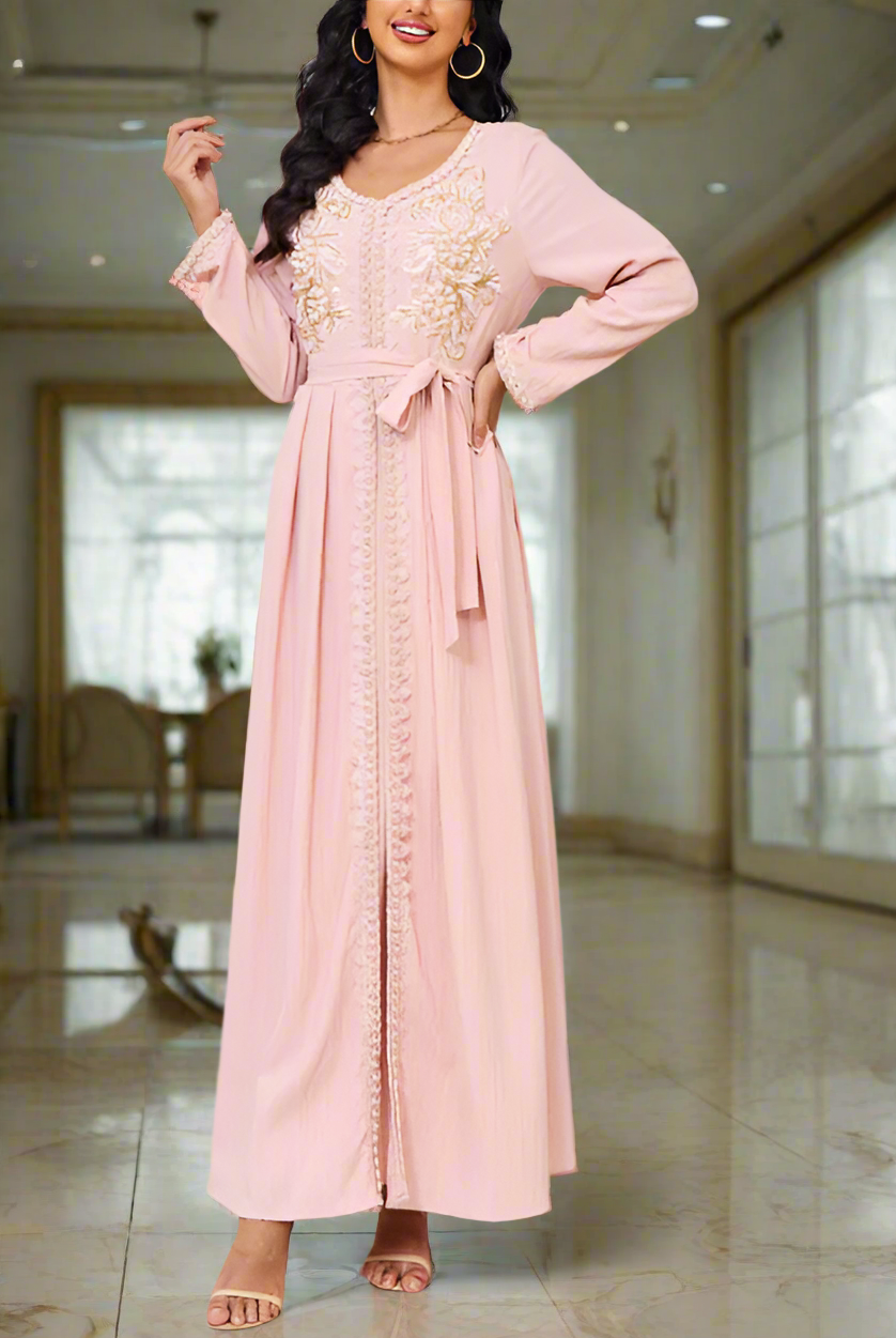 Dubai Style Pink Beaded Lace Embroidered Abaya Dress