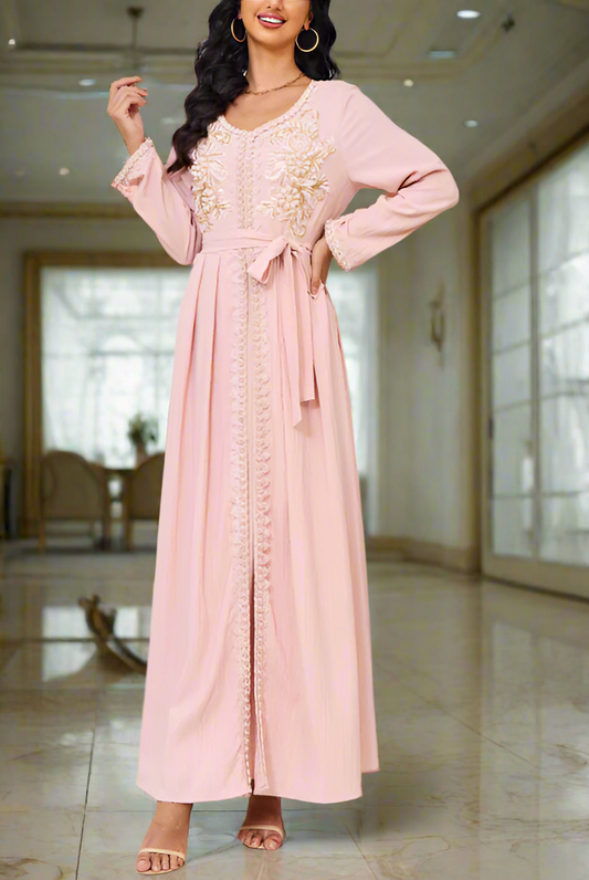 Dubai Style Pink Beaded Lace Embroidered Abaya Dress