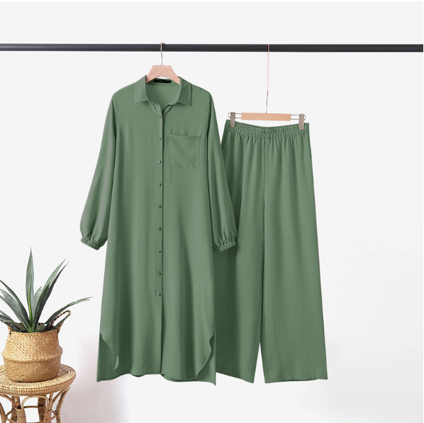 Long Tunic Button Down Pant Suits(Multi Colors)