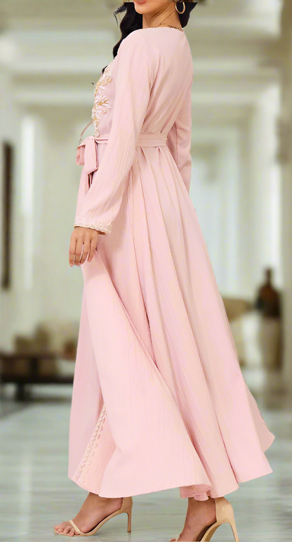 Dubai Style Pink Beaded Lace Embroidered Abaya Dress