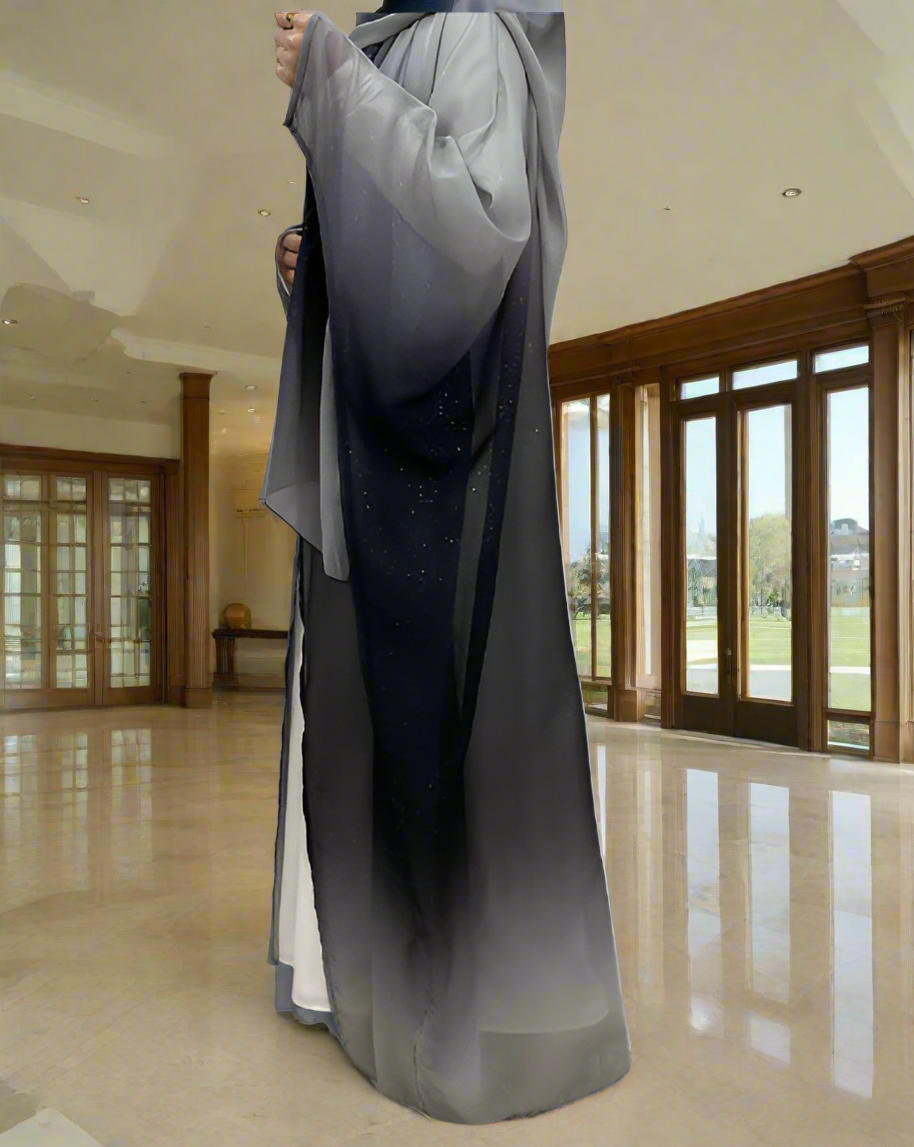 Dubai Style Gradient Black & White Shimmer Open Abaya w/ Hijab