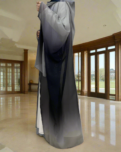 Dubai Style Gradient Black & White Shimmer Open Abaya w/ Hijab