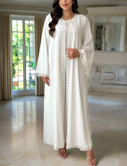 Dubai Style White Long Lace Trim Open Abaya Kimono