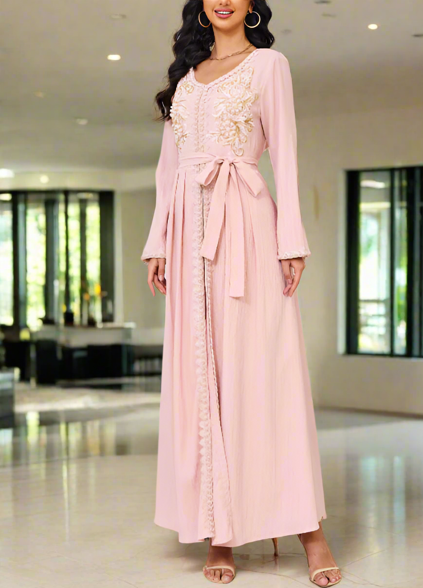 Dubai Style Pink Beaded Lace Embroidered Abaya Dress