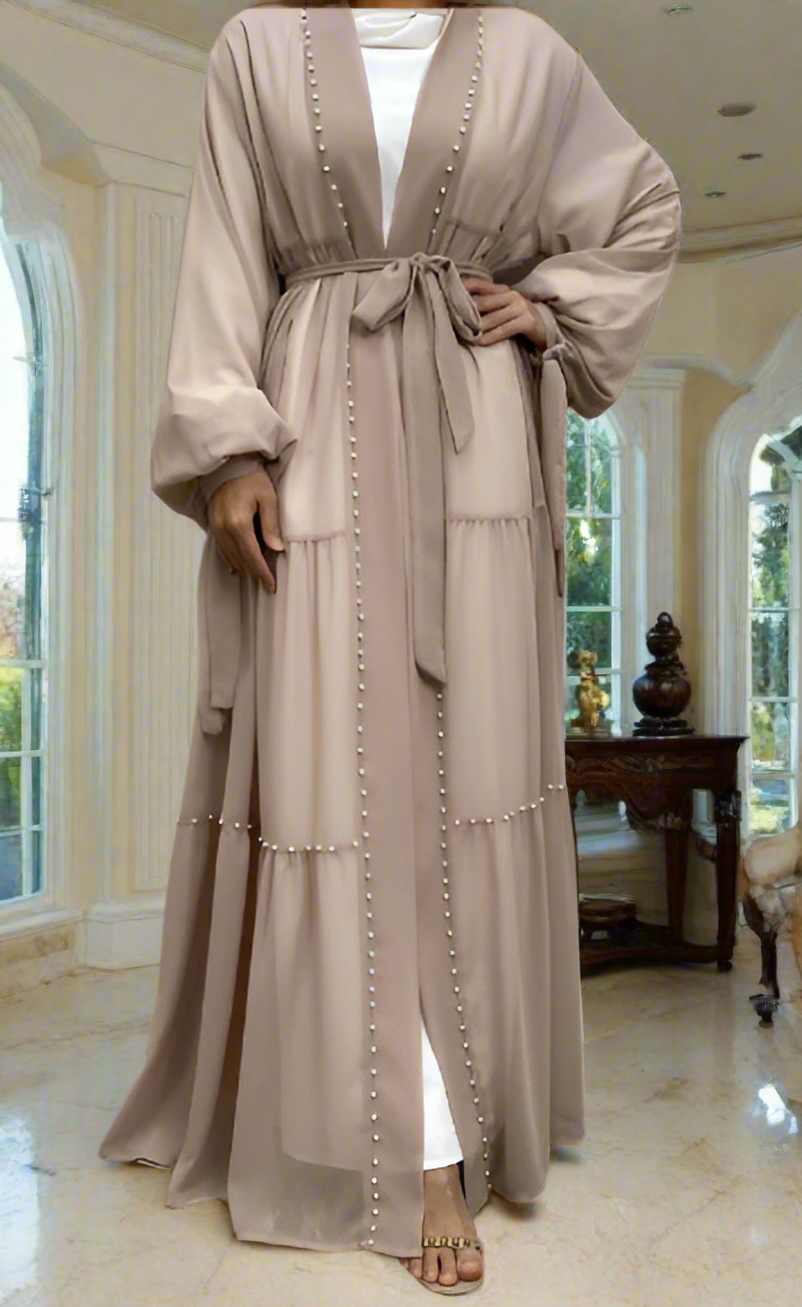 Pearl Embroidered Layered Chiffon Open Abaya Dresses(Multi Colors)
