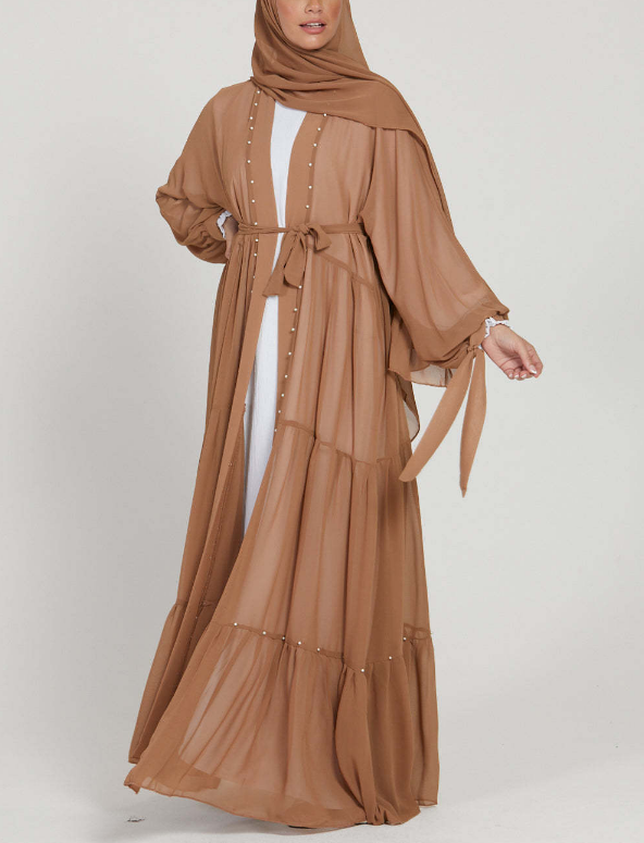 Pearl Embroidered Layered Chiffon Open Abaya Dresses(Multi Colors)