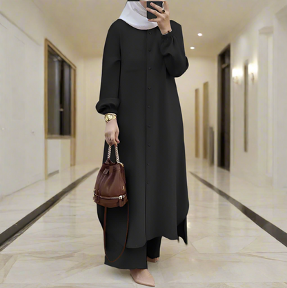 Long Tunic Button Down Pant Suits(Multi Colors)