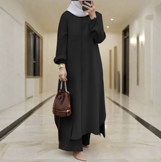 Long Tunic Button Down Pant Suits(Multi Colors)