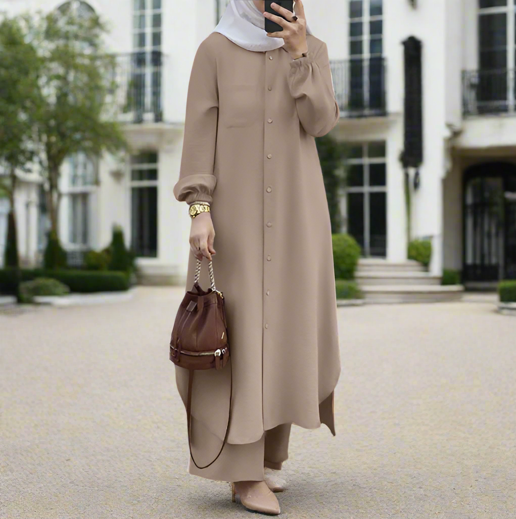 Long Tunic Button Down Pant Suits(Multi Colors)