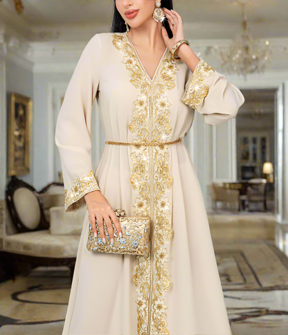 Dubai Style Golden Lace Pearl Embroidery Caftan Abaya Dress