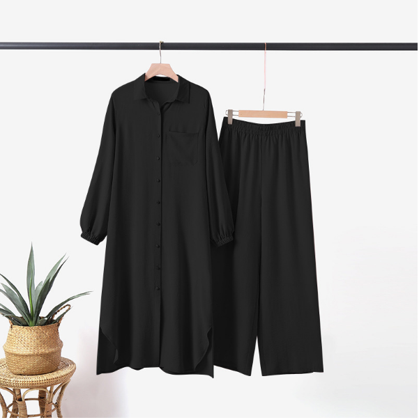 Long Tunic Button Down Pant Suits(Multi Colors)