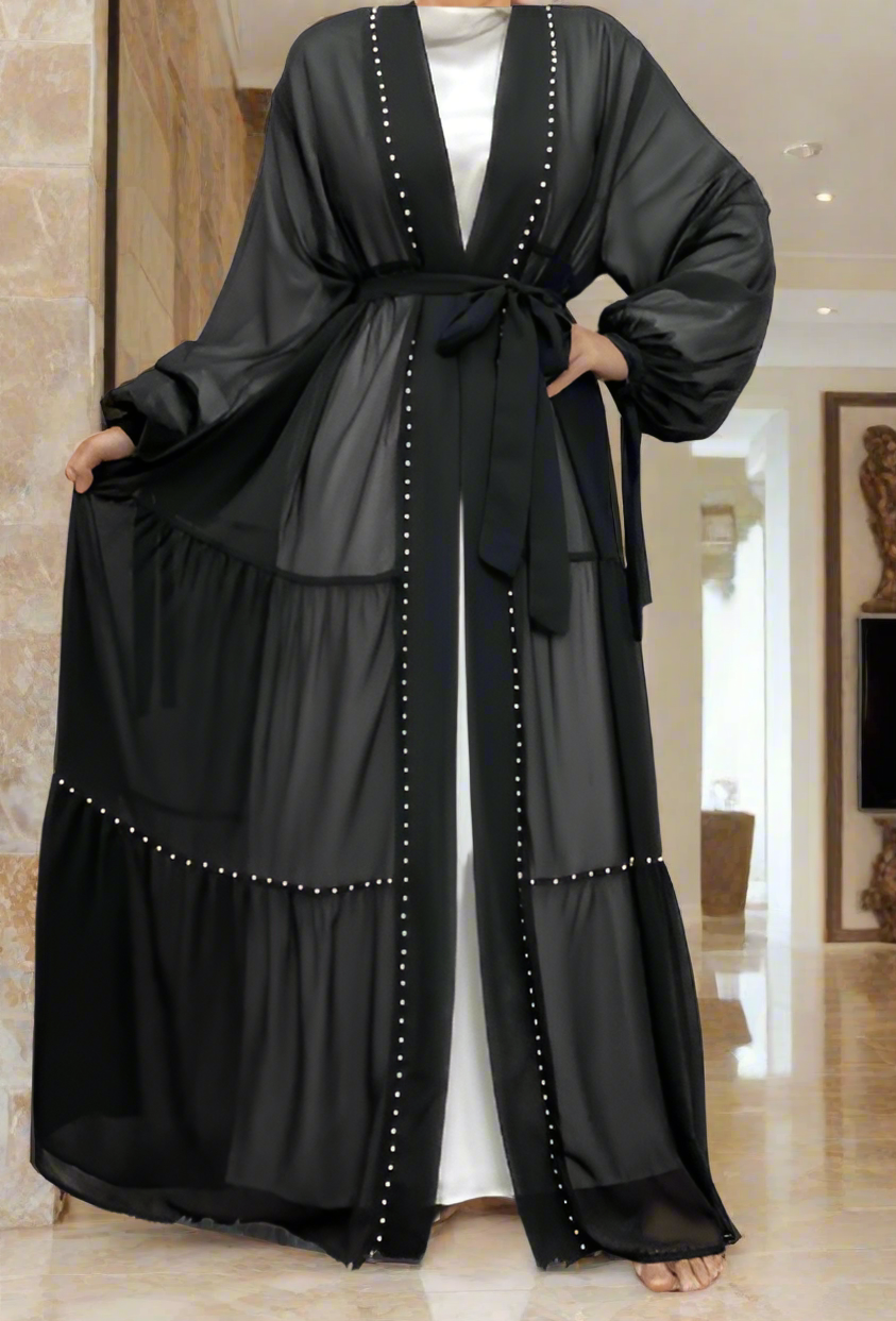 Pearl Embroidered Layered Chiffon Open Abaya Dresses(Multi Colors)