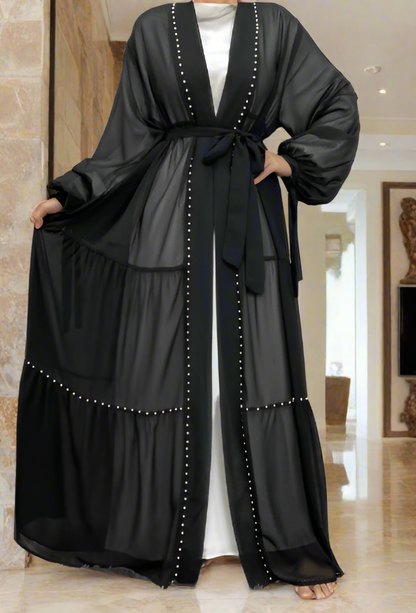 Pearl Embroidered Layered Chiffon Open Abaya Dresses(Multi Colors)