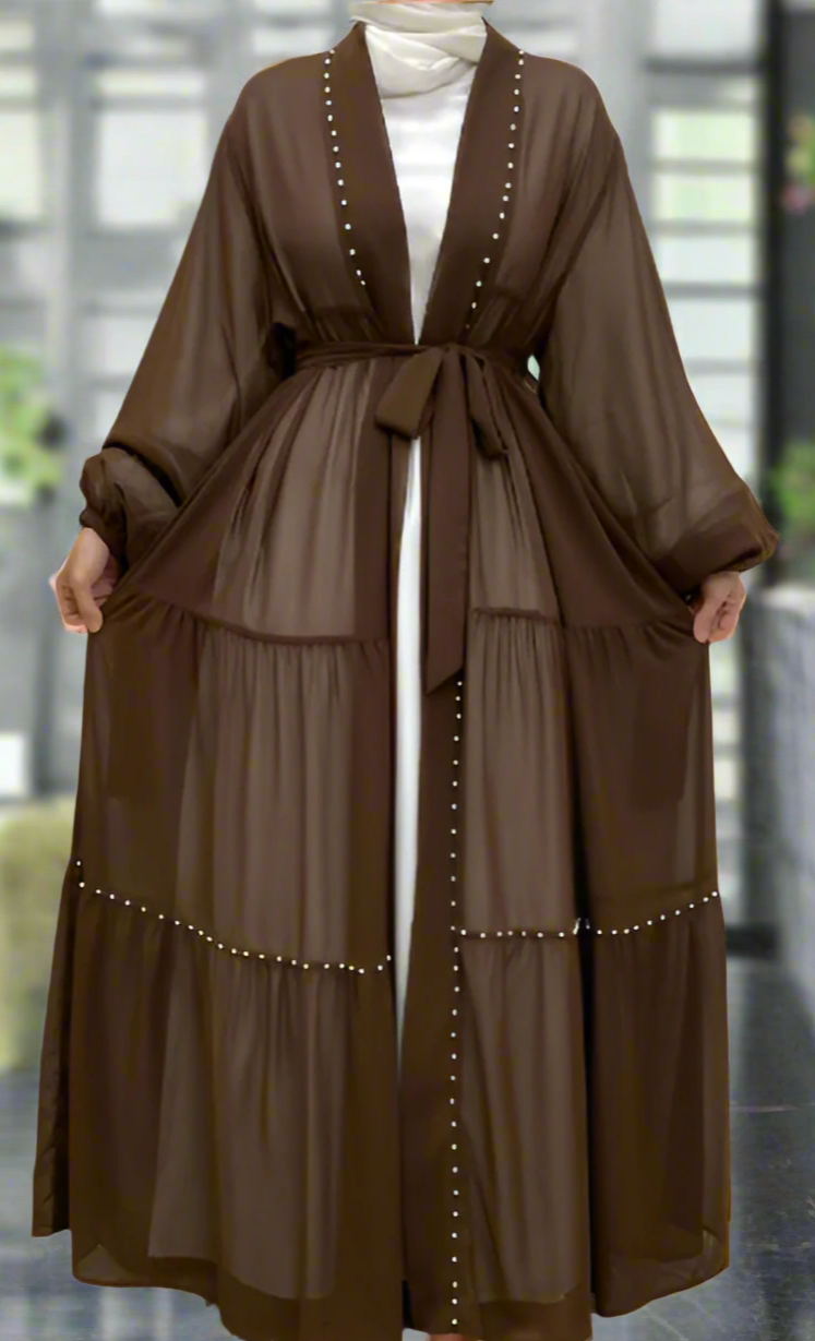 Pearl Embroidered Layered Chiffon Open Abaya Dresses(Multi Colors)
