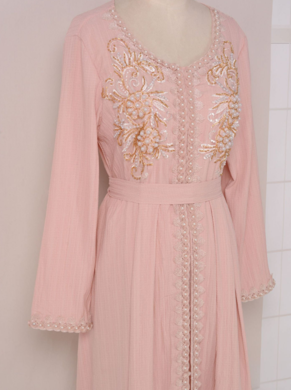 Dubai Style Pink Beaded Lace Embroidered Abaya Dress