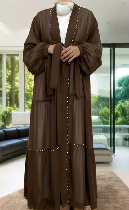 Pearl Embroidered Layered Chiffon Open Abaya Dresses(Multi Colors)