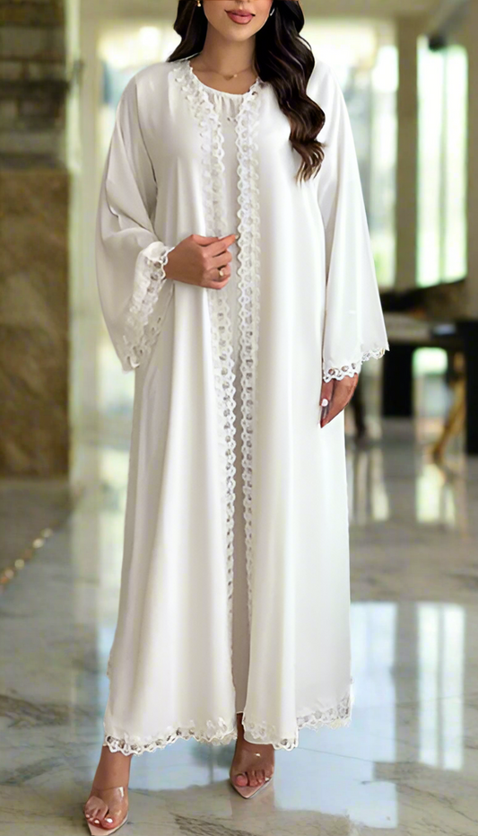 Dubai Style White Long Lace Trim Open Abaya Kimono