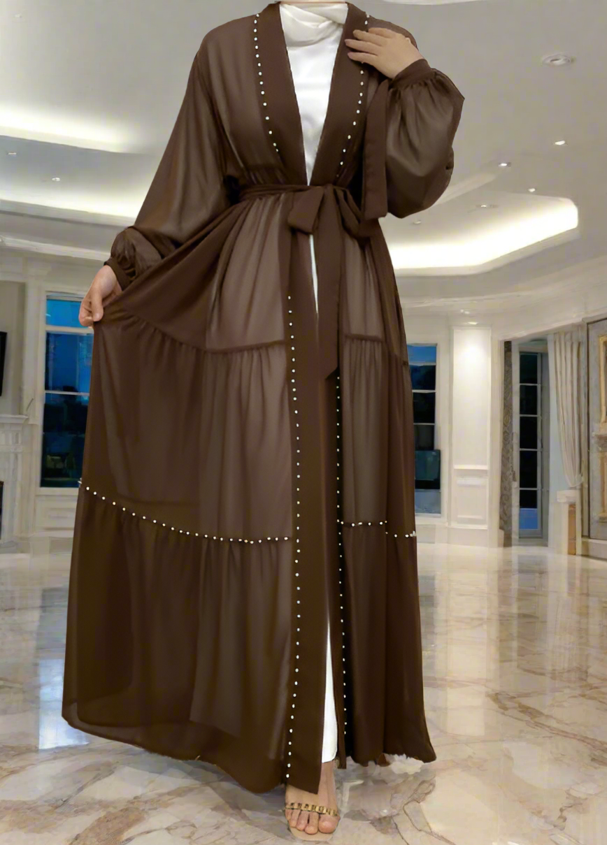 Pearl Embroidered Layered Chiffon Open Abaya Dresses(Multi Colors)