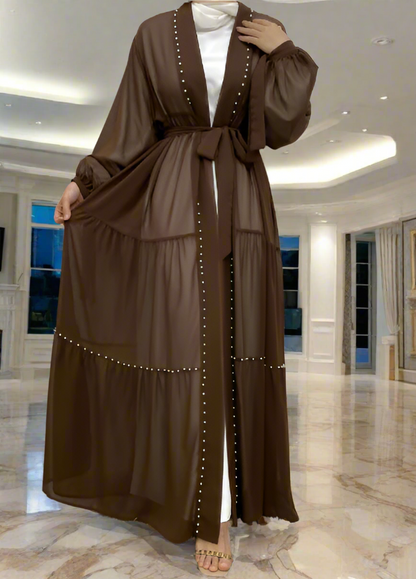 Pearl Embroidered Layered Chiffon Open Abaya Dresses(Multi Colors)
