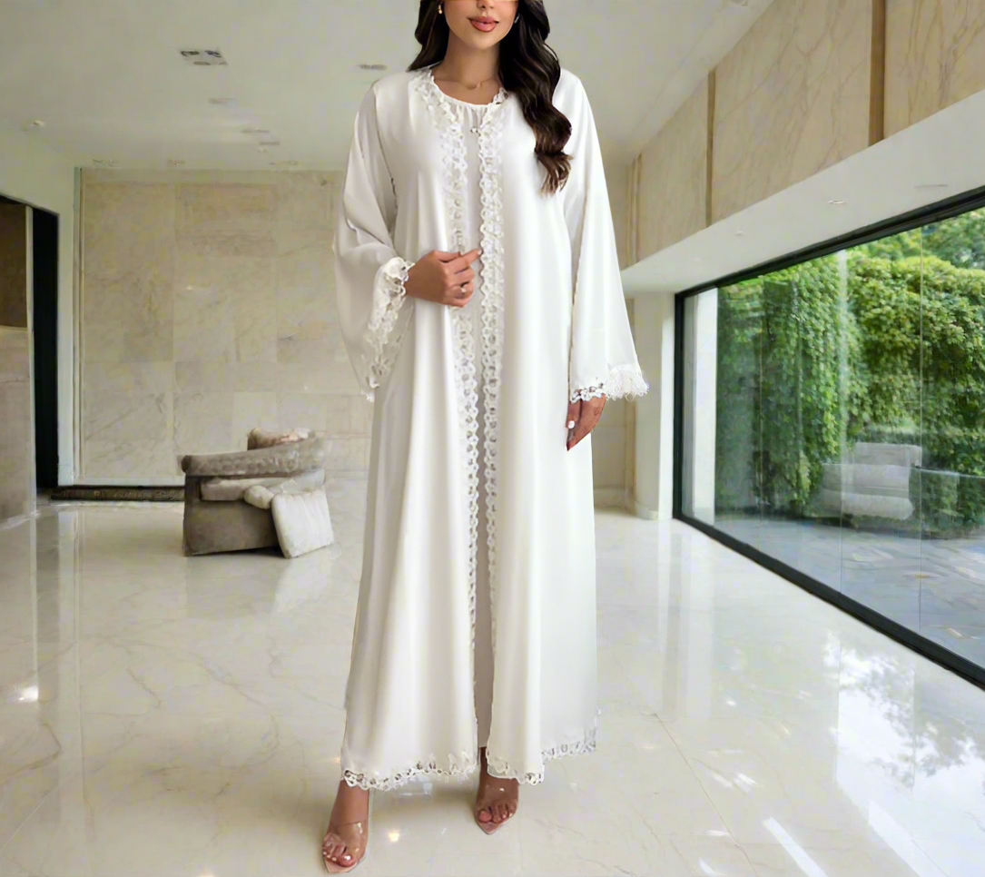 Dubai Style White Long Lace Trim Open Abaya Kimono
