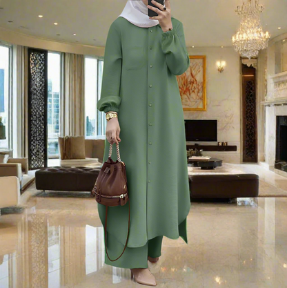 Long Tunic Button Down Pant Suits(Multi Colors)