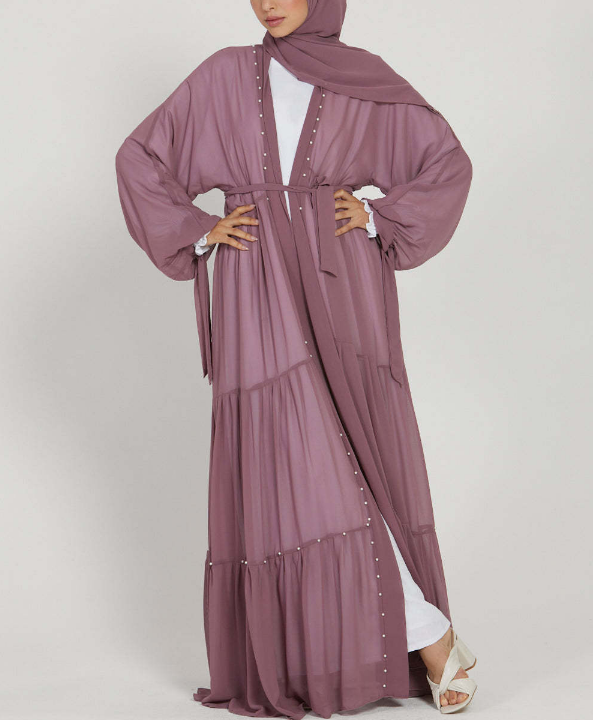 Pearl Embroidered Layered Chiffon Open Abaya Dresses(Multi Colors)