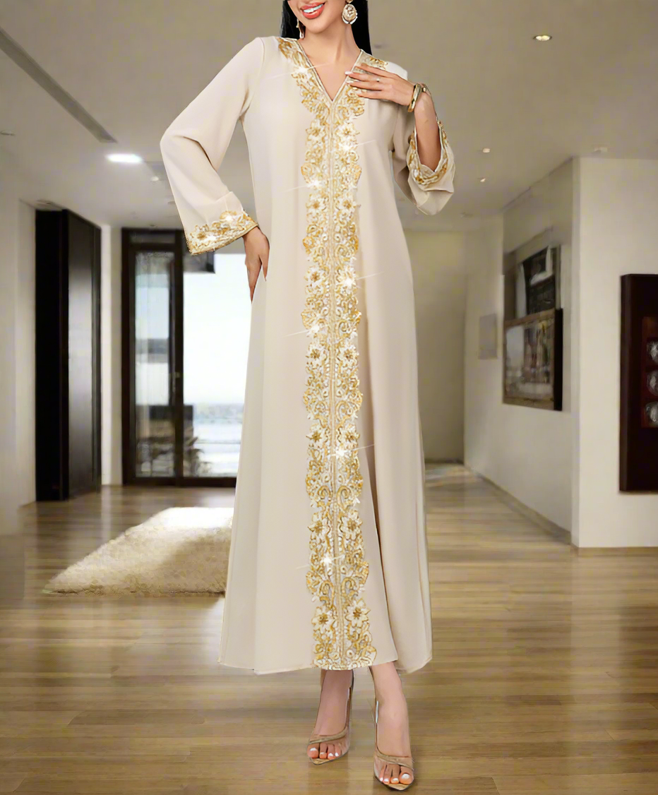Dubai Style Golden Lace Pearl Embroidery Caftan Abaya Dress