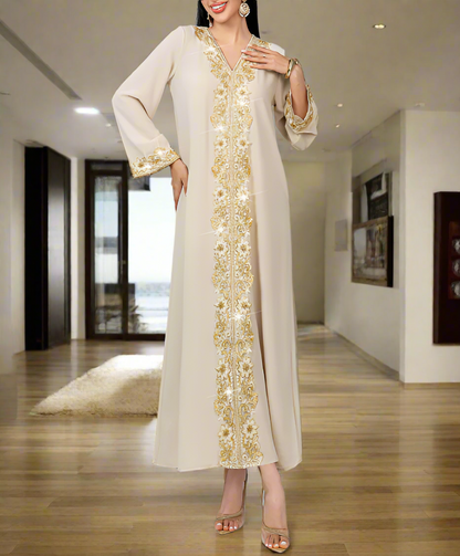 Dubai Style Golden Lace Pearl Embroidery Caftan Abaya Dress