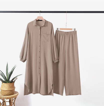 Long Tunic Button Down Pant Suits(Multi Colors)