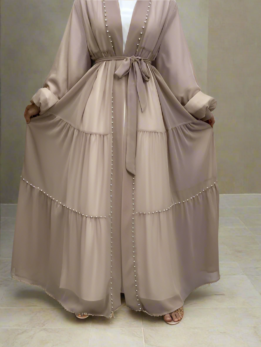 Pearl Embroidered Layered Chiffon Open Abaya Dresses(Multi Colors)
