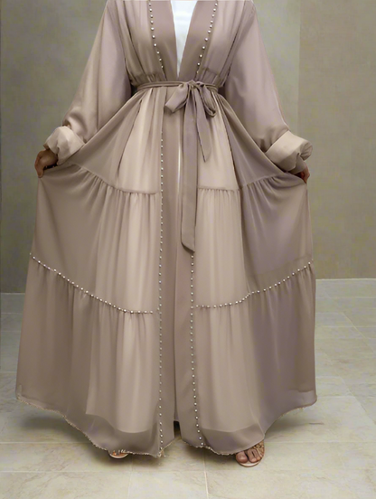 Pearl Embroidered Layered Chiffon Open Abaya Dresses(Multi Colors)