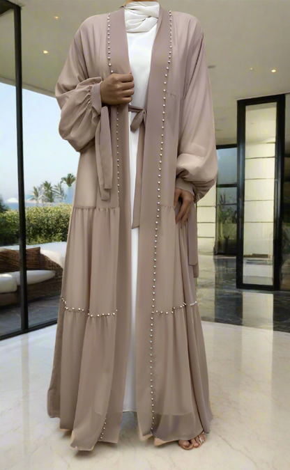 Pearl Embroidered Layered Chiffon Open Abaya Dresses(Multi Colors)