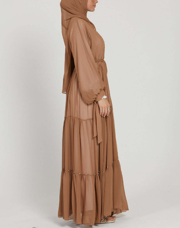 Pearl Embroidered Layered Chiffon Open Abaya Dresses(Multi Colors)