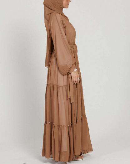 Pearl Embroidered Layered Chiffon Open Abaya Dresses(Multi Colors)